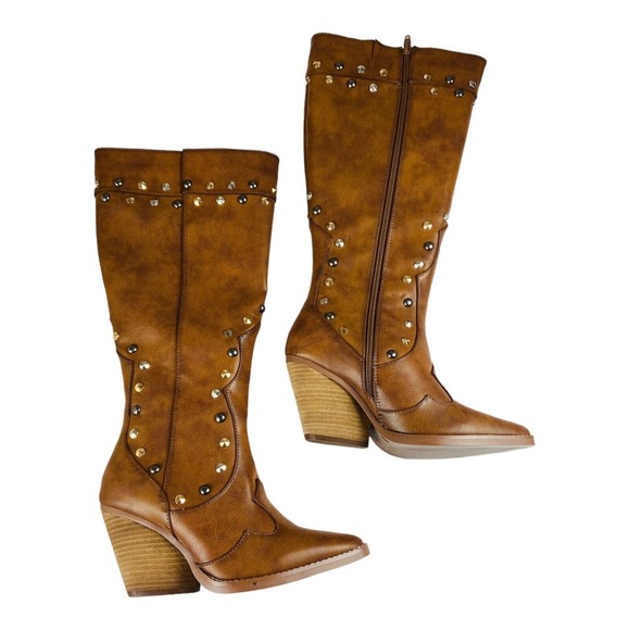 Cato Womens Comfort Leather Western Studded Tall Boots Brown Size 9M NWT - Picture 2 of 11